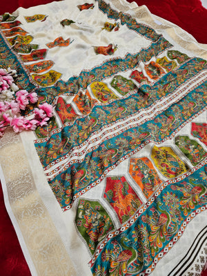 994004 Premium Kashmiri Print Self Weaving Georgette  Crepe Silk Saree With Zari Weaving Border - Cream