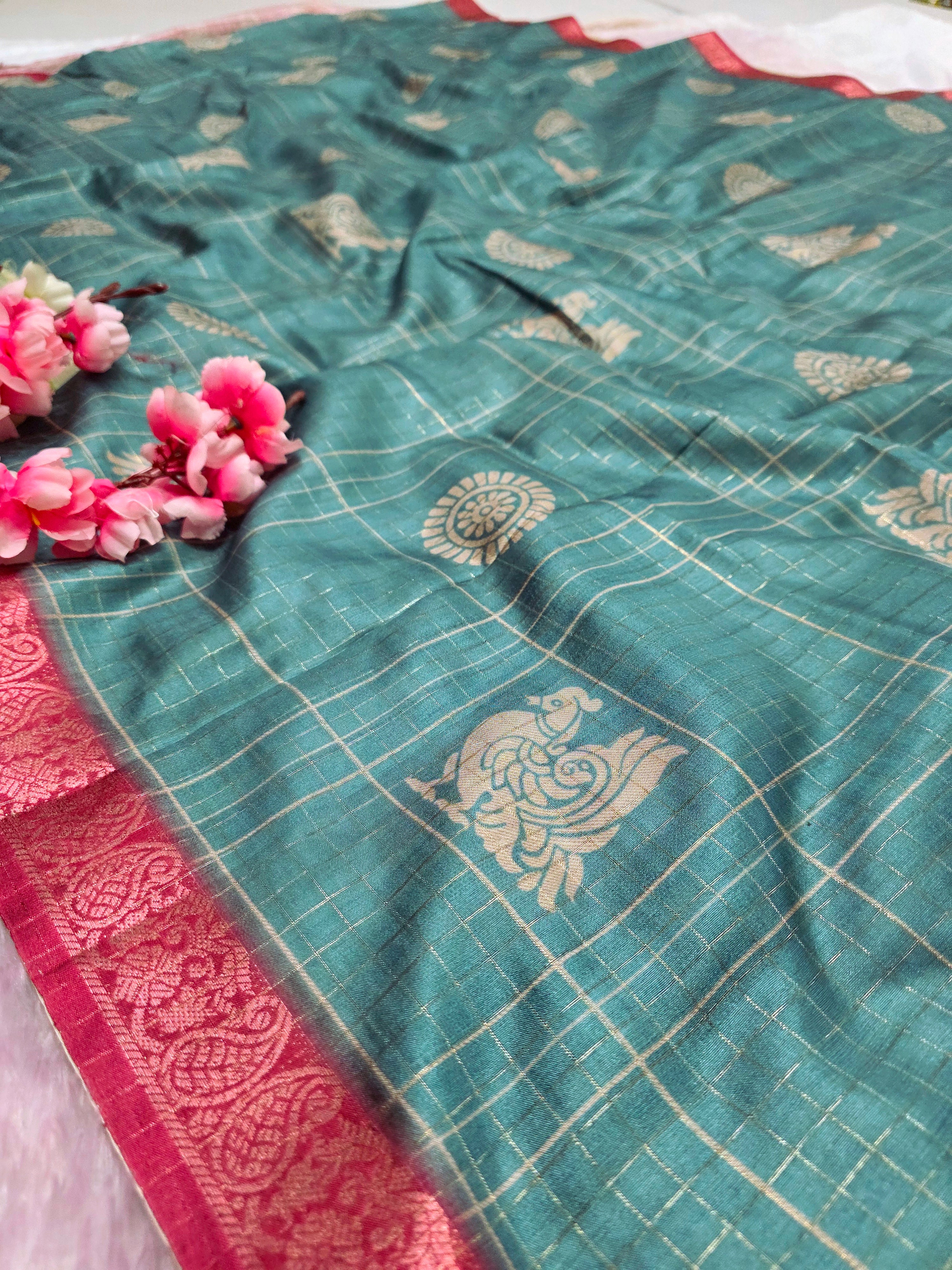 102405 Exclusive Soft Viscose Silk Printed Saree with Zari Weaving Checks - Teal