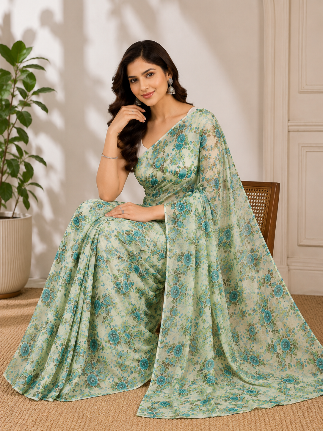 644001 Exclusive Chiffon Flower Print Saree - Green