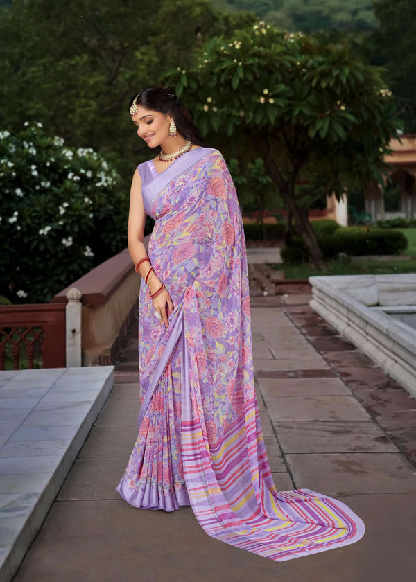 920001 Designer Flower Printed Georgette Saree with Textured Satin Border - Purple
