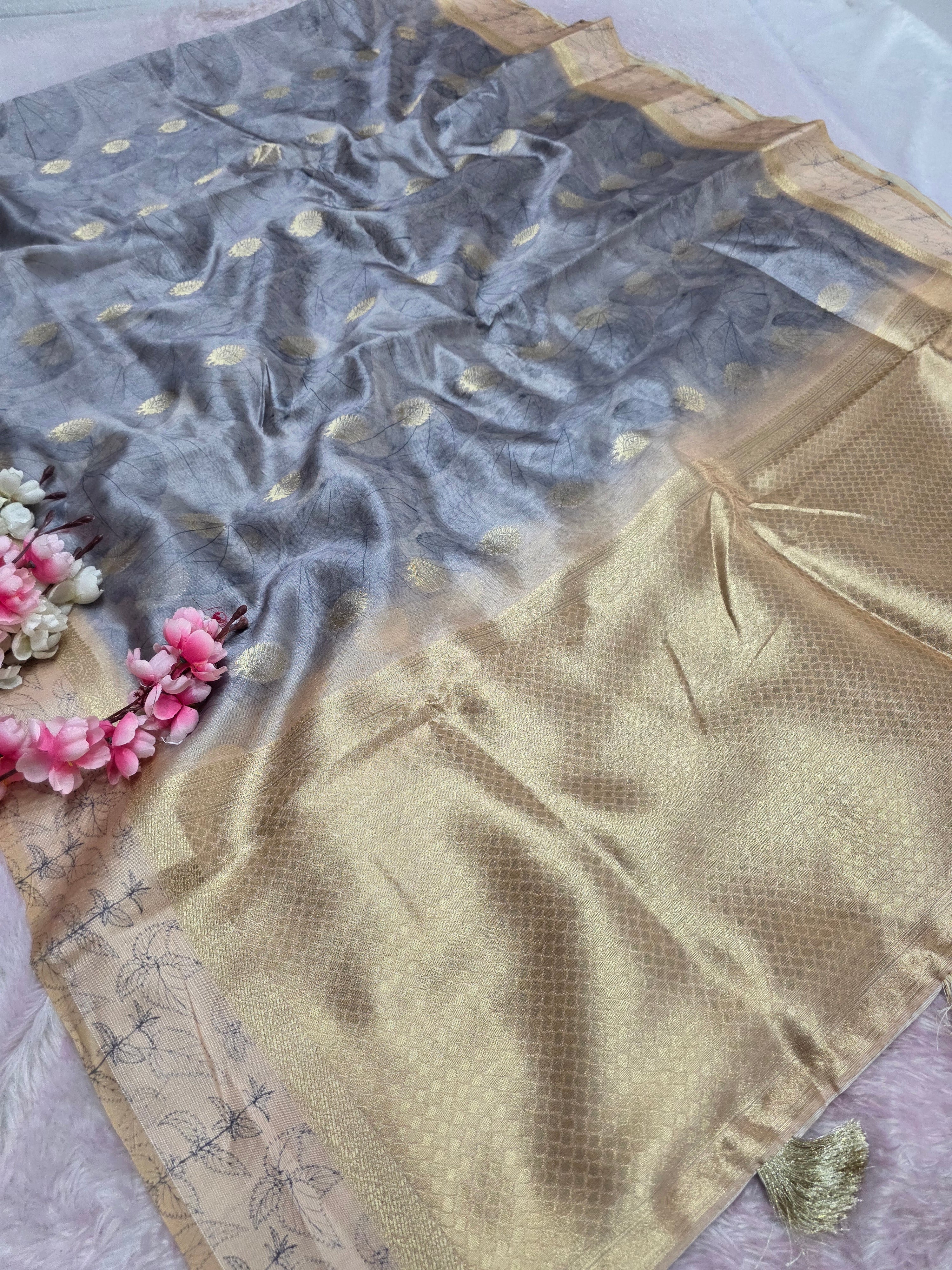 103106 Chitra Special Soft Banarasi Silk Saree with Flower Printed Blouse and Zari Weaving
