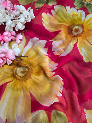 103904 Lightweight Elegant Semi Chiffon Flower Print Saree - Rani