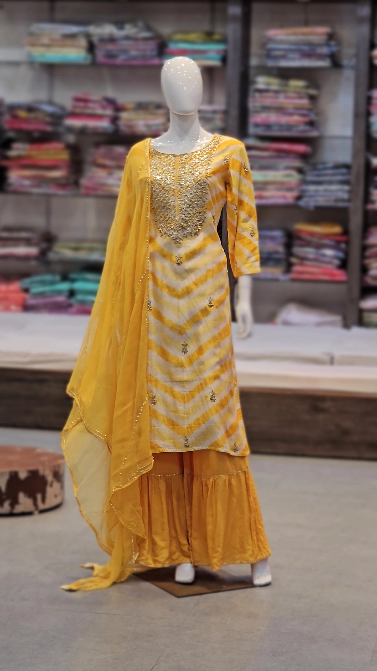 9563 Premium Yellow Uppada Silk Leheriya Sharara Set with Hand Gota Work