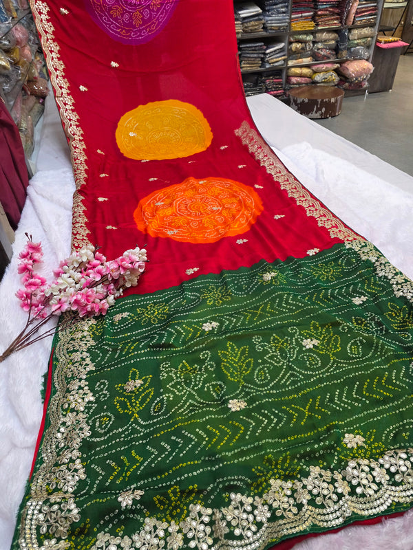 967005 Traditional Bandhani Ghewar Georgette Saree with Gotapatti Work - Red