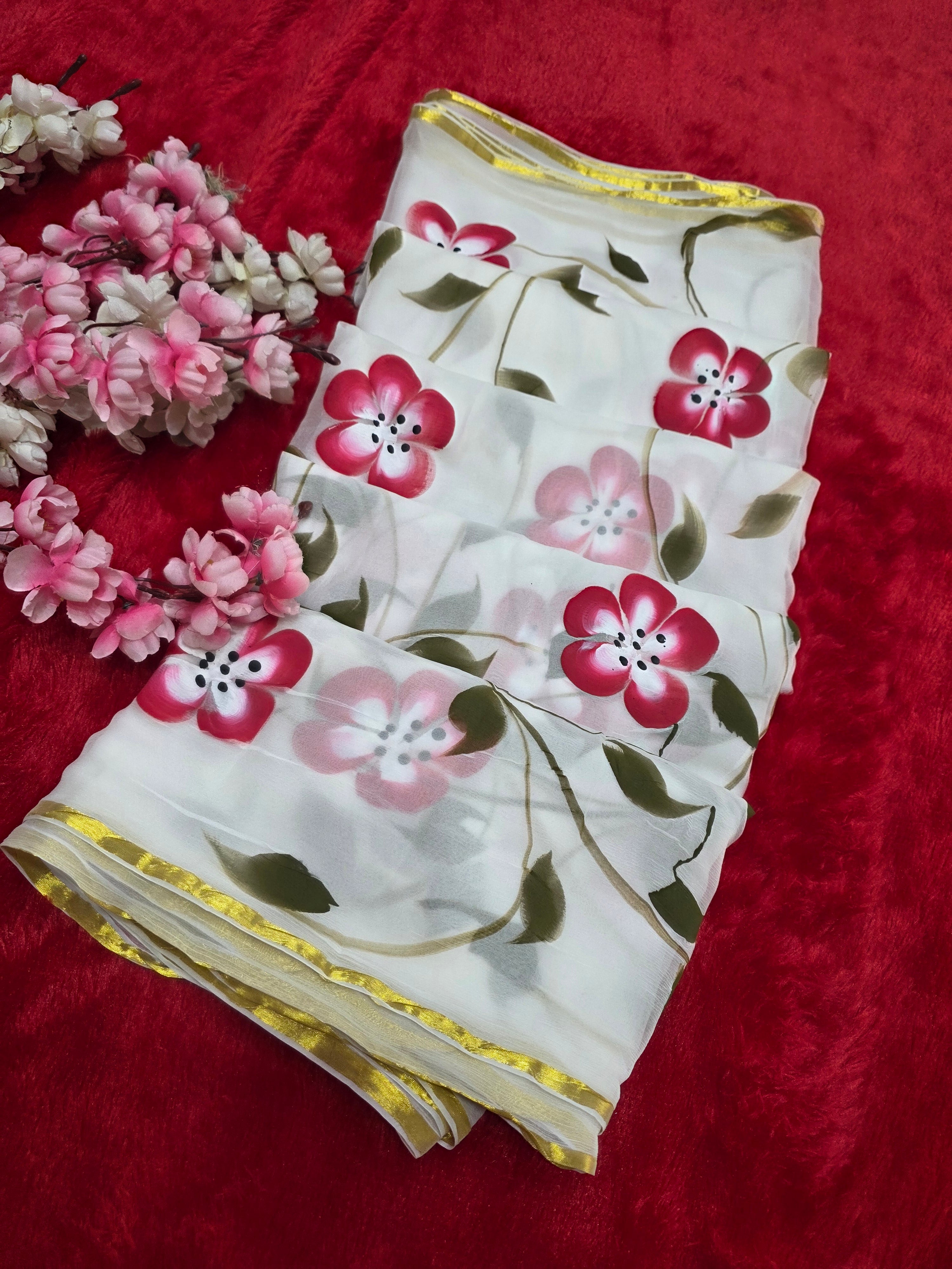 103403 Pure Rajasthani Diamond Chiffon Saree with Hand Painted Flower Print and Zari Weaving in full Saree