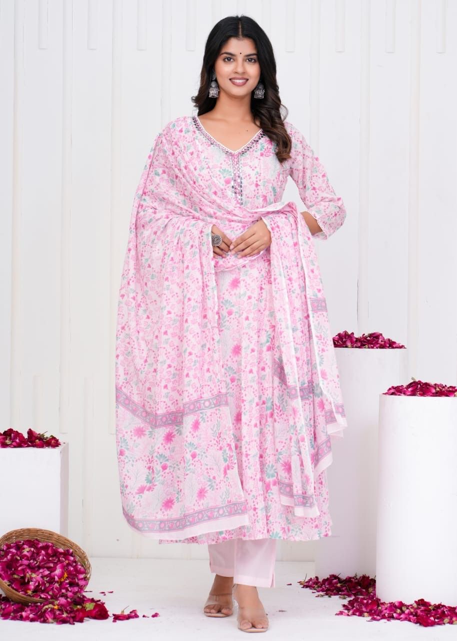 12227 Pure Malmal Cotton Anarkali Kurti With Dupatta and Pant - Pink
