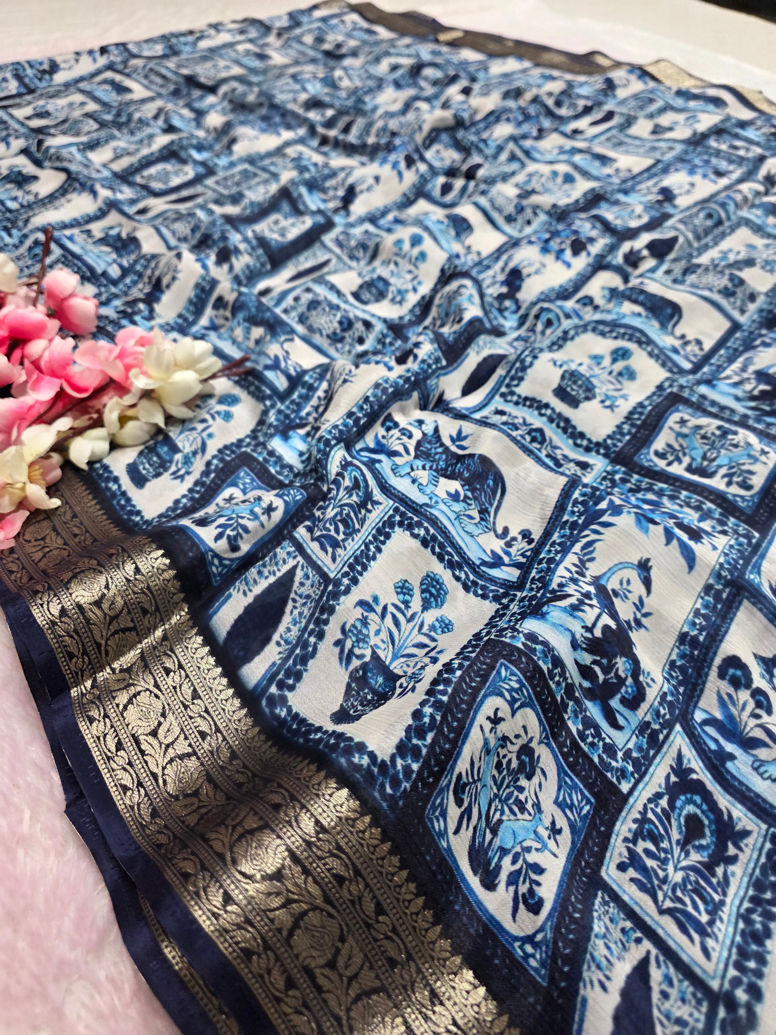 CA0705 pure chinon silk flower saree blue