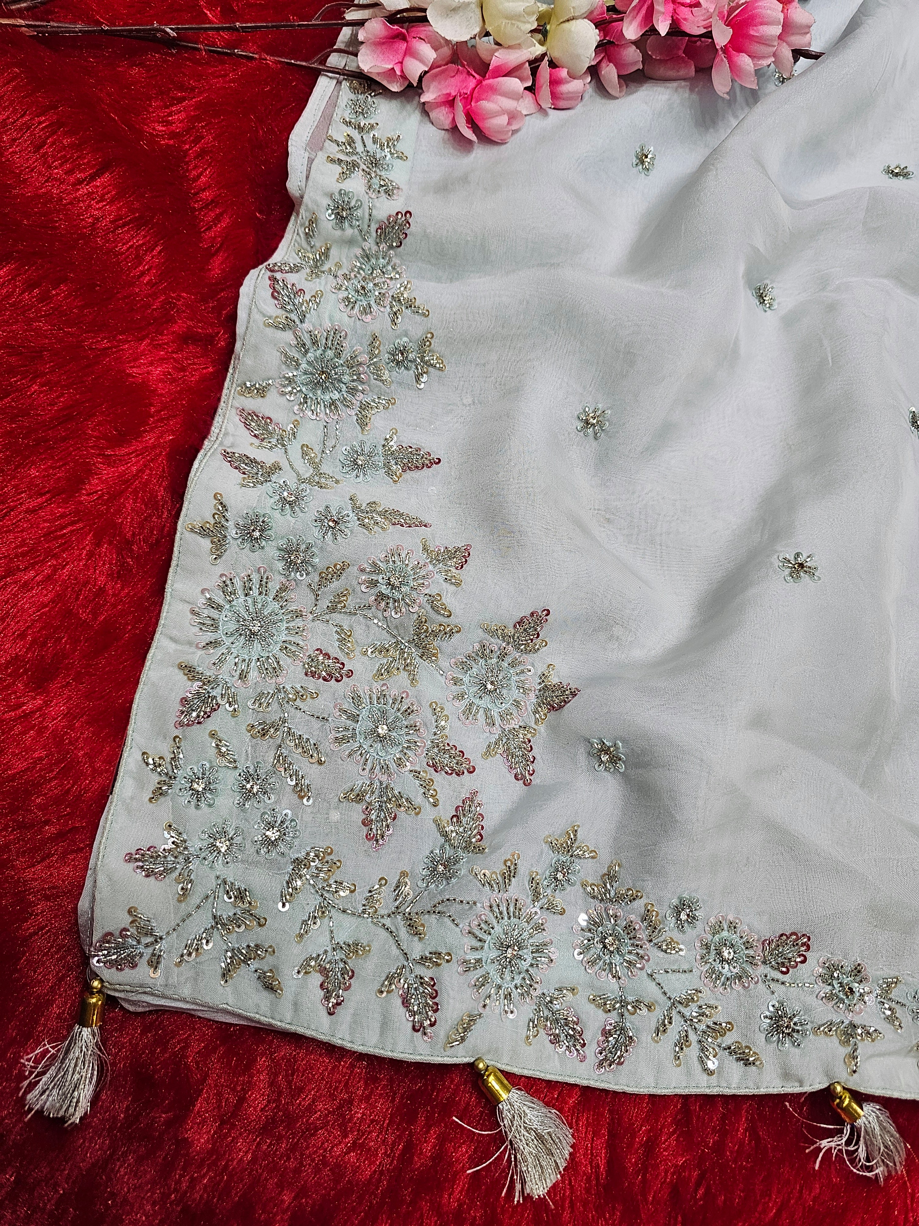 8061 Pure Soft Organza Premium Saree with Very Elegant Hand Sequence and Cutdana Work