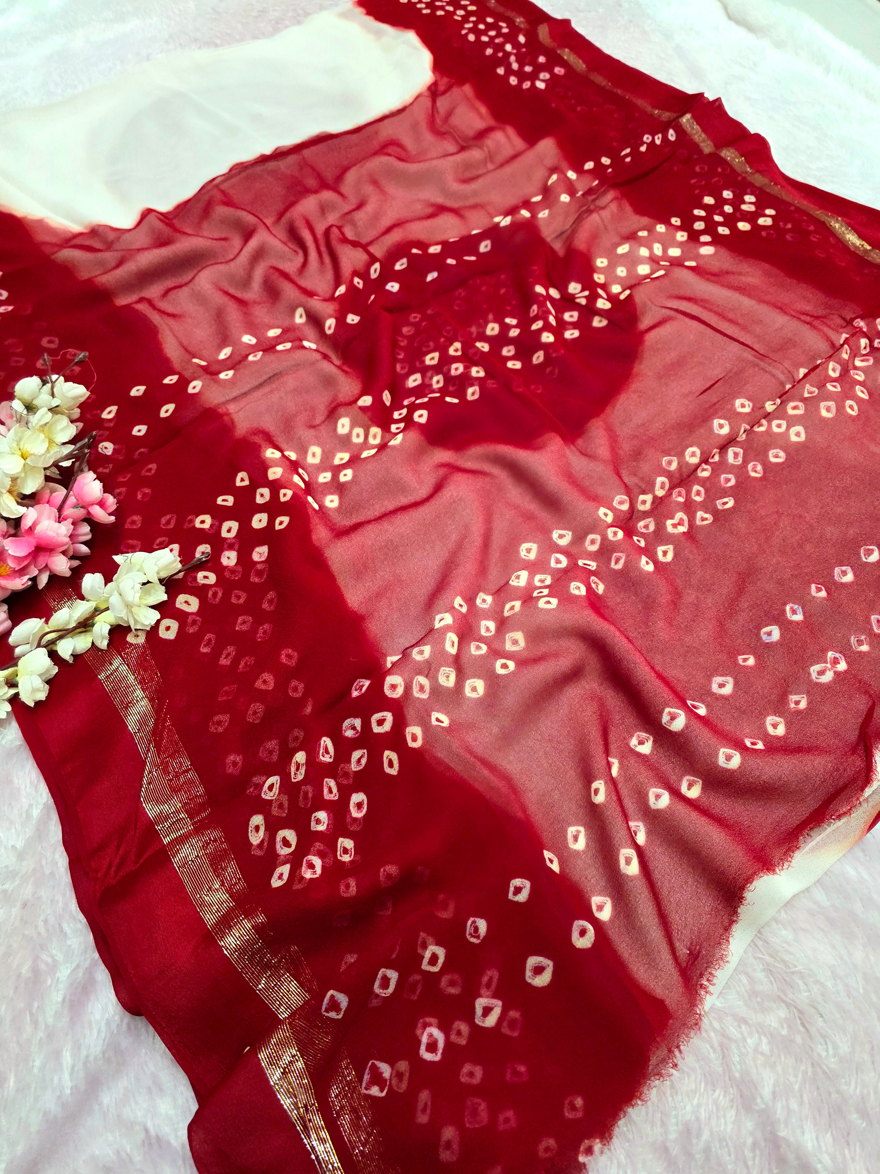 992004 Pure Viscos Georgette Red and White Hand Bandhani Saree