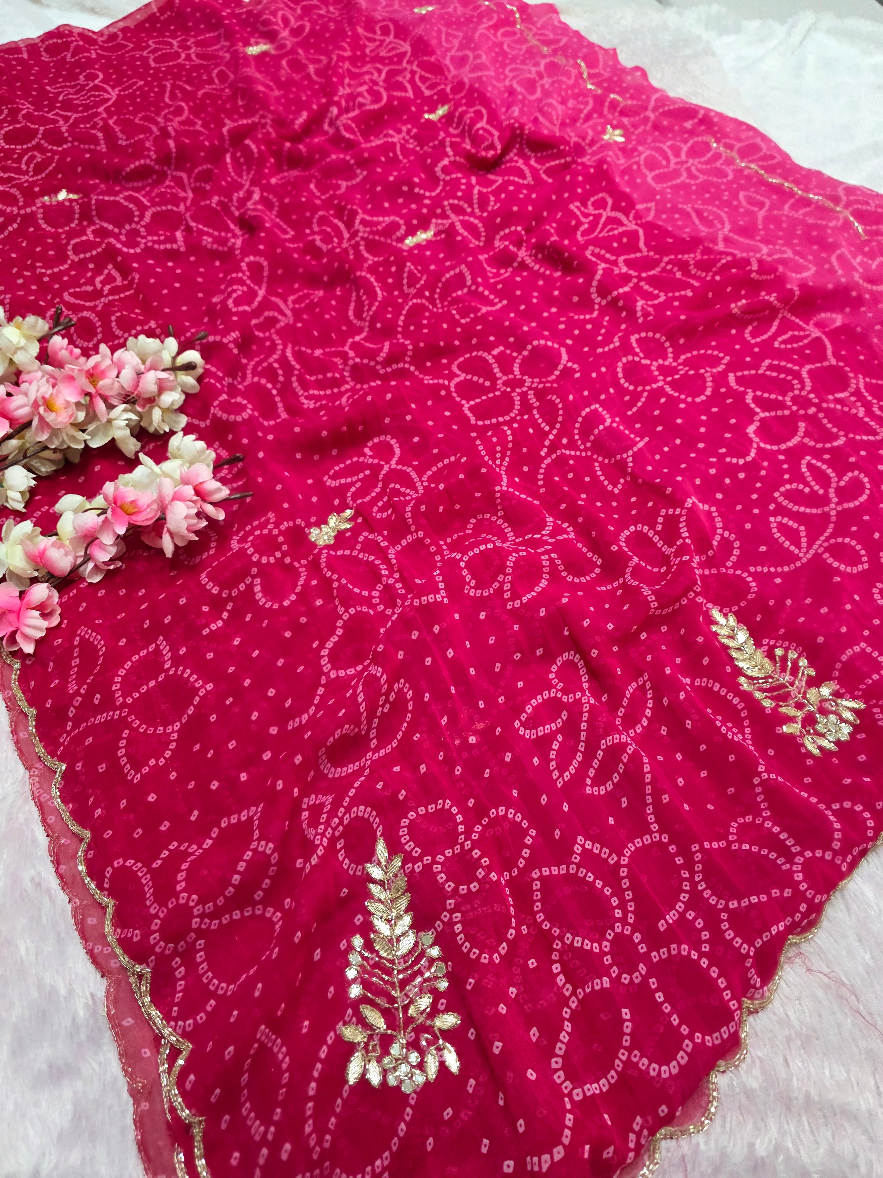 966001 Traditional Bandhani Georgette Saree with Hand Cutdana Work - Pink