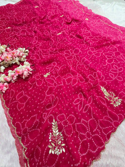 966001 Traditional Bandhani Georgette Saree with Hand Cutdana Work - Pink