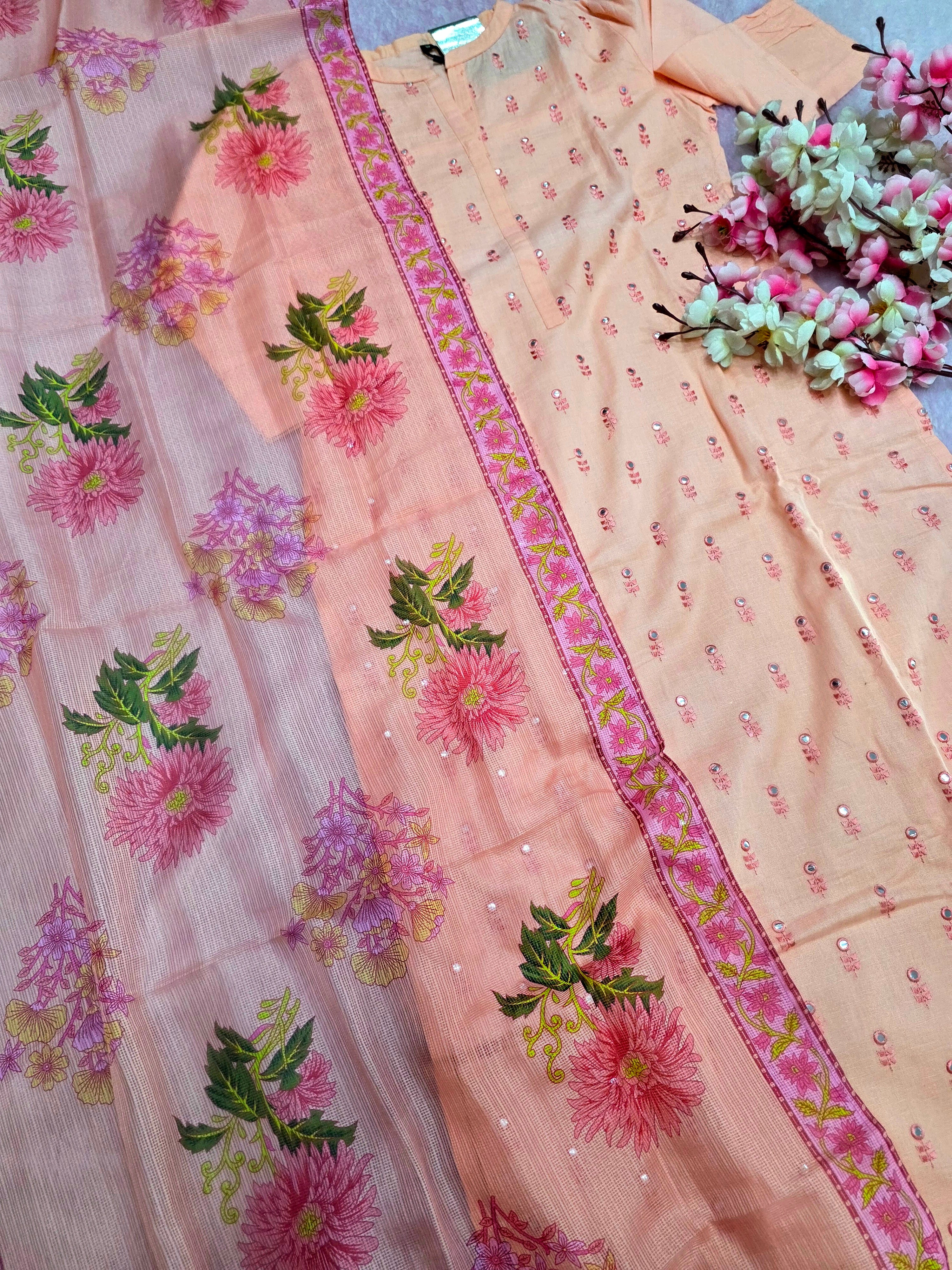 977002 Pure Cotton Designs Kurti with Kota Silk Flower Print Dupatta