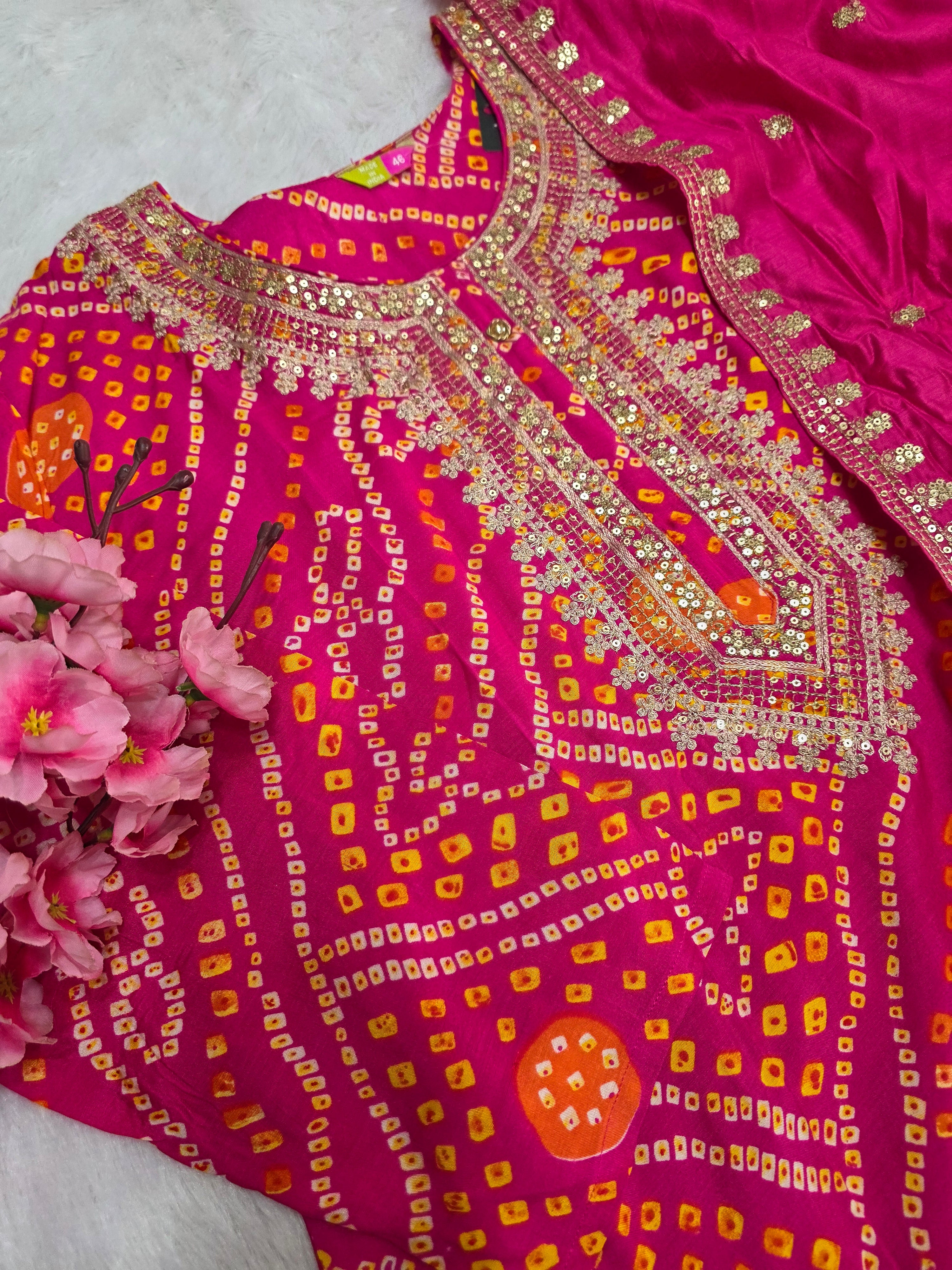 889001 Bandhani Print Party Wear Dress with Sequence Work C77012