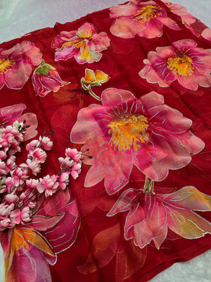 991001 Lightweight Elegant Semi Chiffon Flower Print Saree with Zari Print - Red