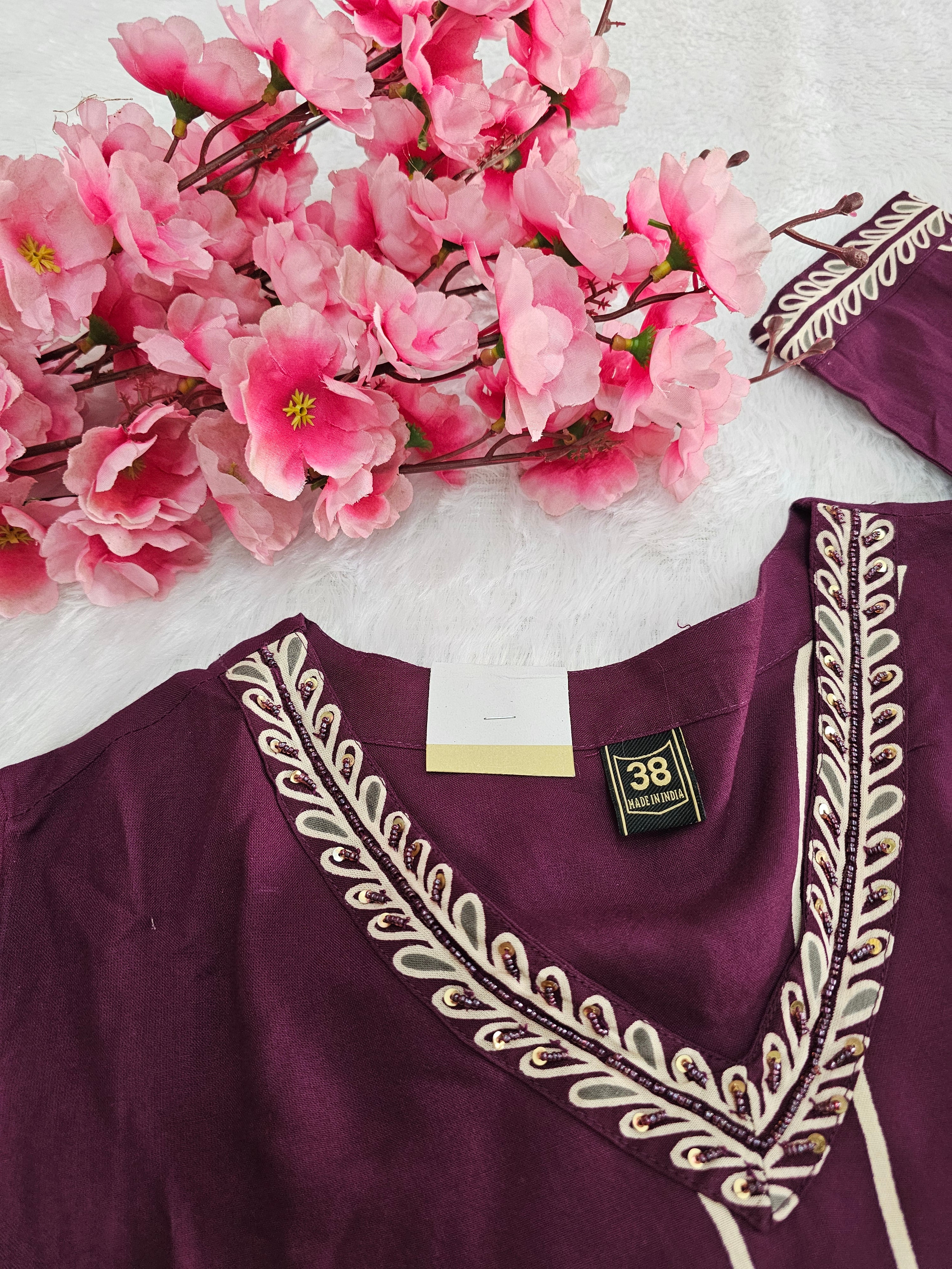 770002 Wine Color Embroidered Pure Rayon Cotton Flower Printed Straight Kurti With Palazzo