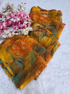 CA1469 Lightweight Elegant Semi Chiffon Flower Print Saree - Orange