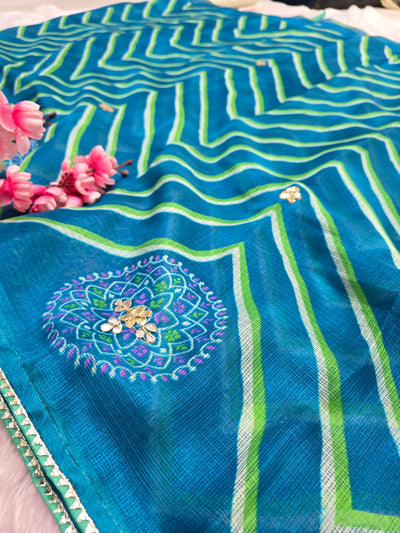CA0752 Rajasthani Kota Doria Silk Lehariya Saree with Gota Patti Work - Blue