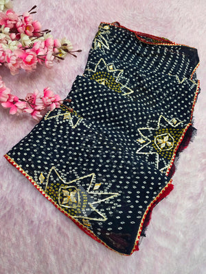 12475 Pure Chiffon Bandhani Saree with Gotapatti Work - Blue