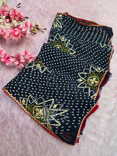 12475 Pure Chiffon Bandhani Saree with Gotapatti Work - Blue