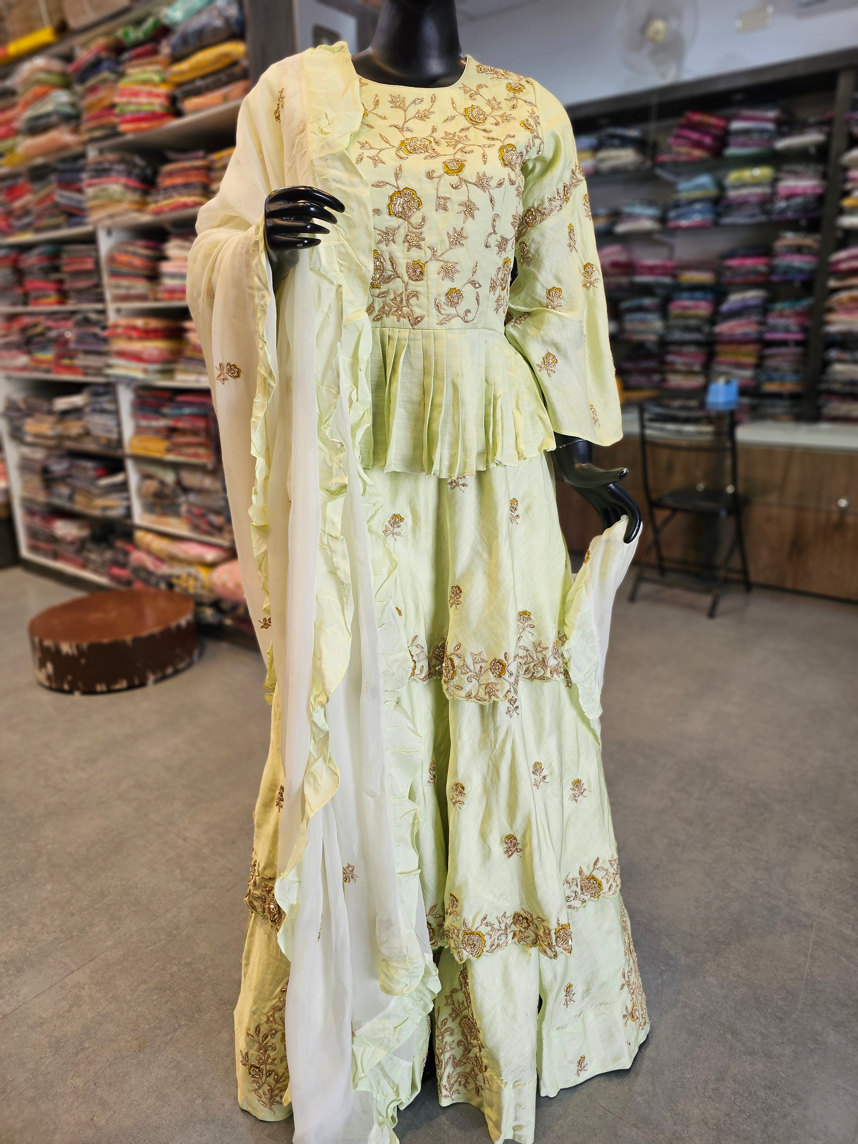 7466 Premium Hand Zardosi Work Maslin Silk Peplum Short Kurti with Laired Skirt with Organza Dupatta