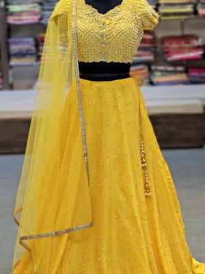 5413 Chitra Special Pure Upada Silk Designer Yellow Lehenga with beautiful Pearl Work