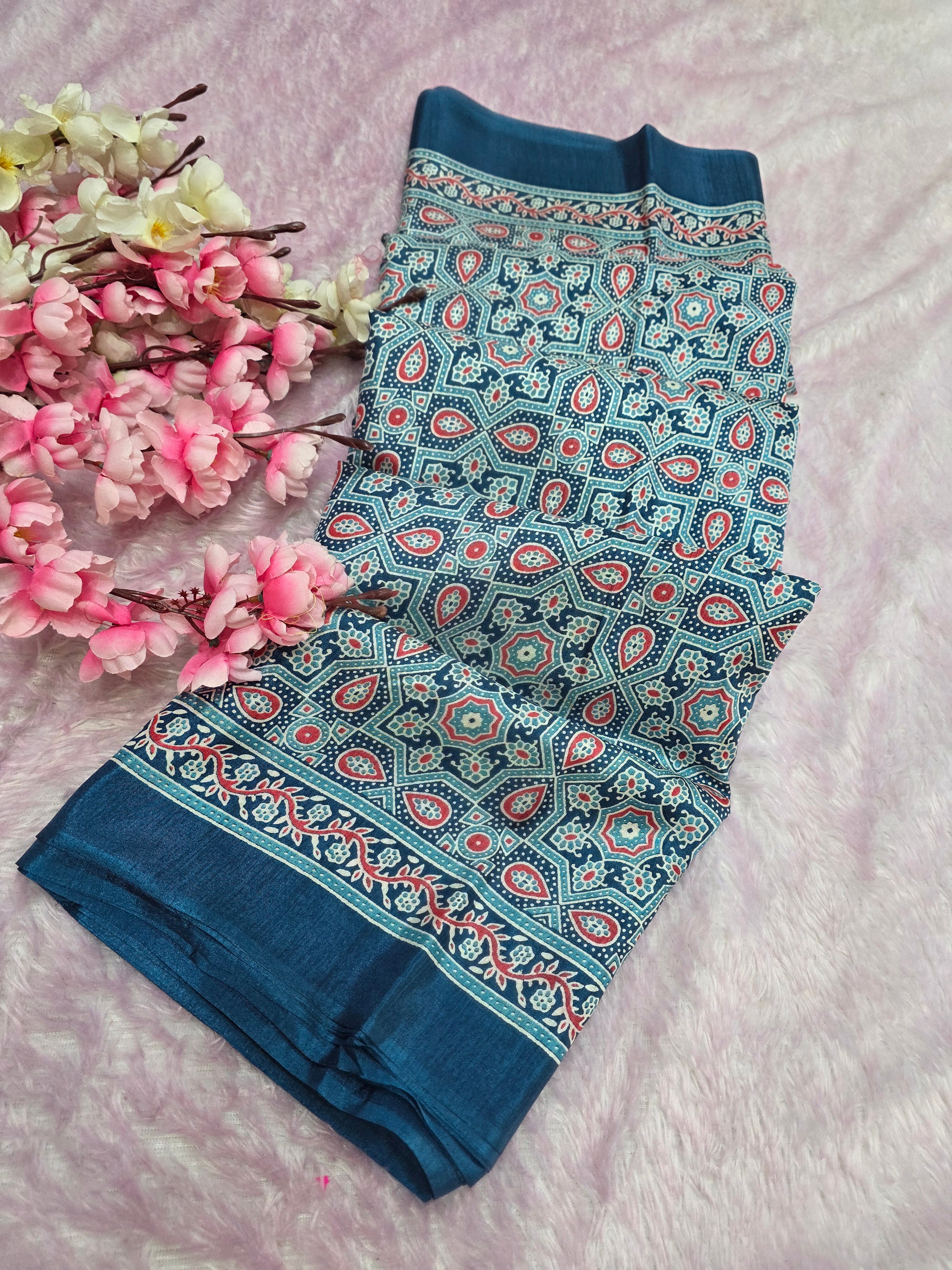 973001 Traditional Ajrakh Print Semi Dola Silk Saree - Blue