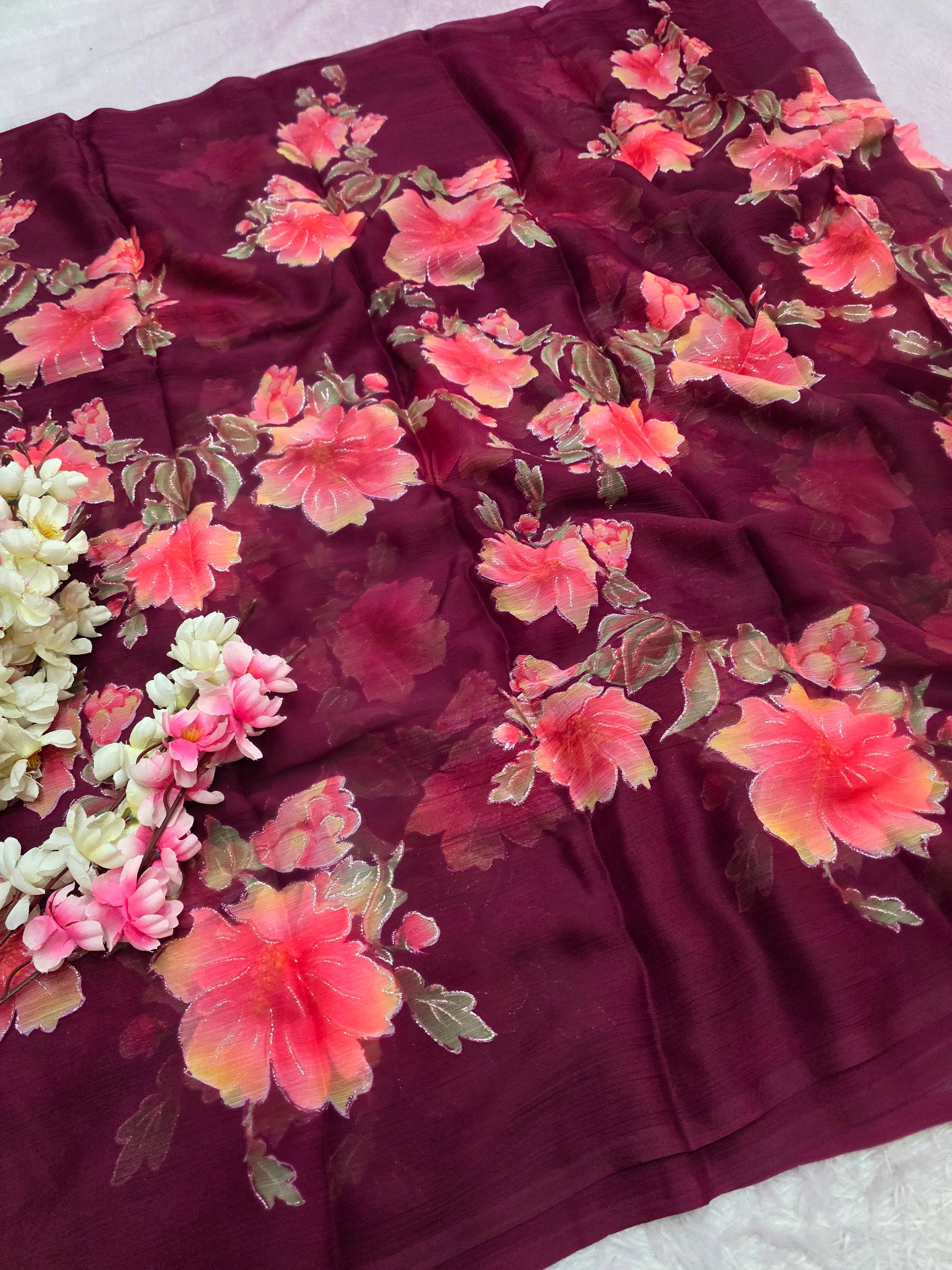991005 Lightweight Elegant Semi Chiffon Flower Print Saree with Zari Print - Wine