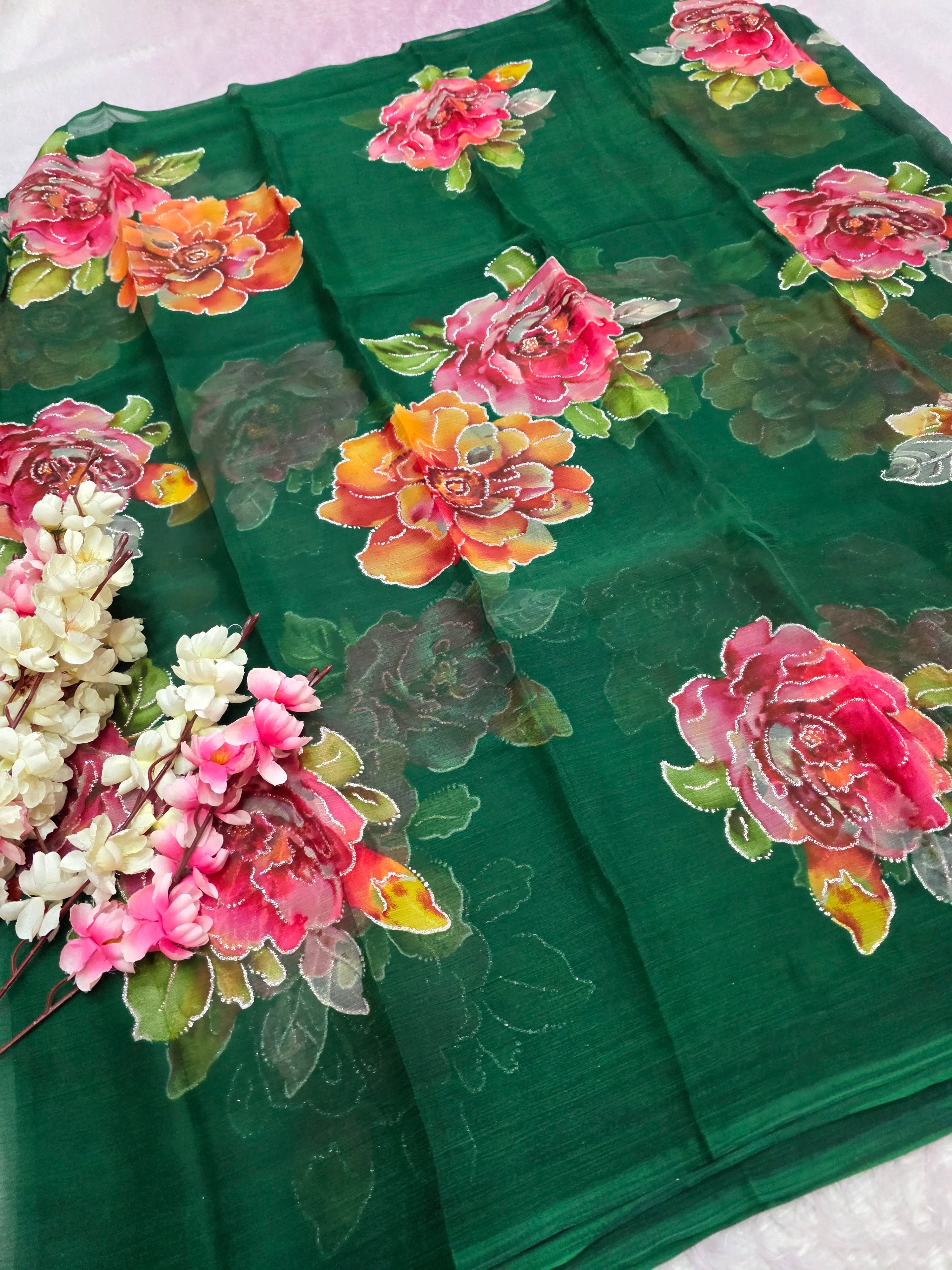 991004 Lightweight Elegant Semi Chiffon Flower Print Saree with Zari Print - Green