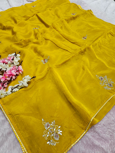 12459 Designer Pure Upada Silk Traditional Rajasthani Saree with Gota Patti Work - Yellow / Mustered