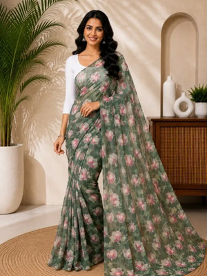CA1031 Lightweight Elegant Semi Chiffon Flower Print Saree - Dusty Green