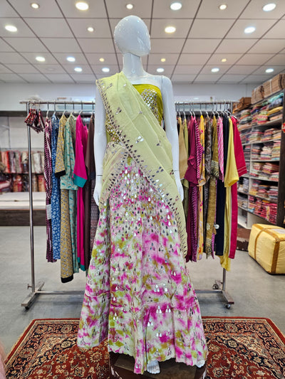 9340 Pure Dola Silk Hand Shibbori Lehenga with Heavy Mirror Work with Pure Soft Organza Dupatta