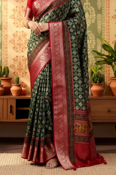 996002 Beautiful Pure Maslin Silk Traditional Print Saree with Zari Weaving Border and Heavy Brocket Blouse