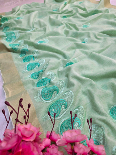 783016 Pure Linen Resham Suta Embroidery Work Saree with Zari Weaving (292007) - Green