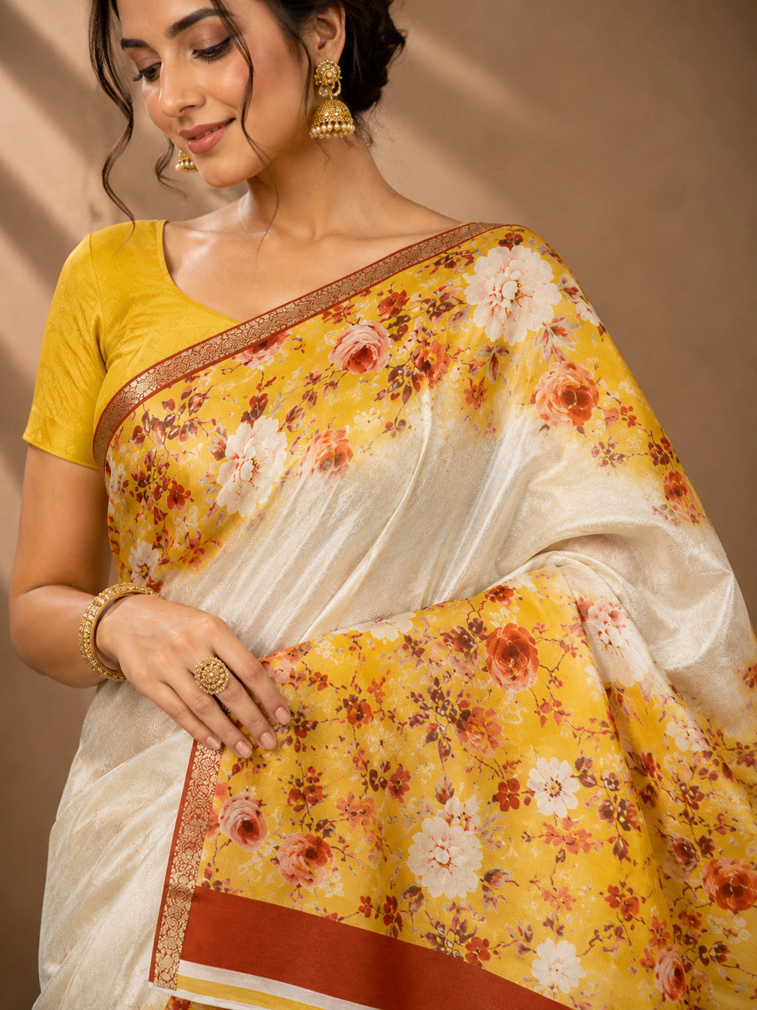 CA0824 Pure Chinon Silk Flower Print Saree - Cream Yellow