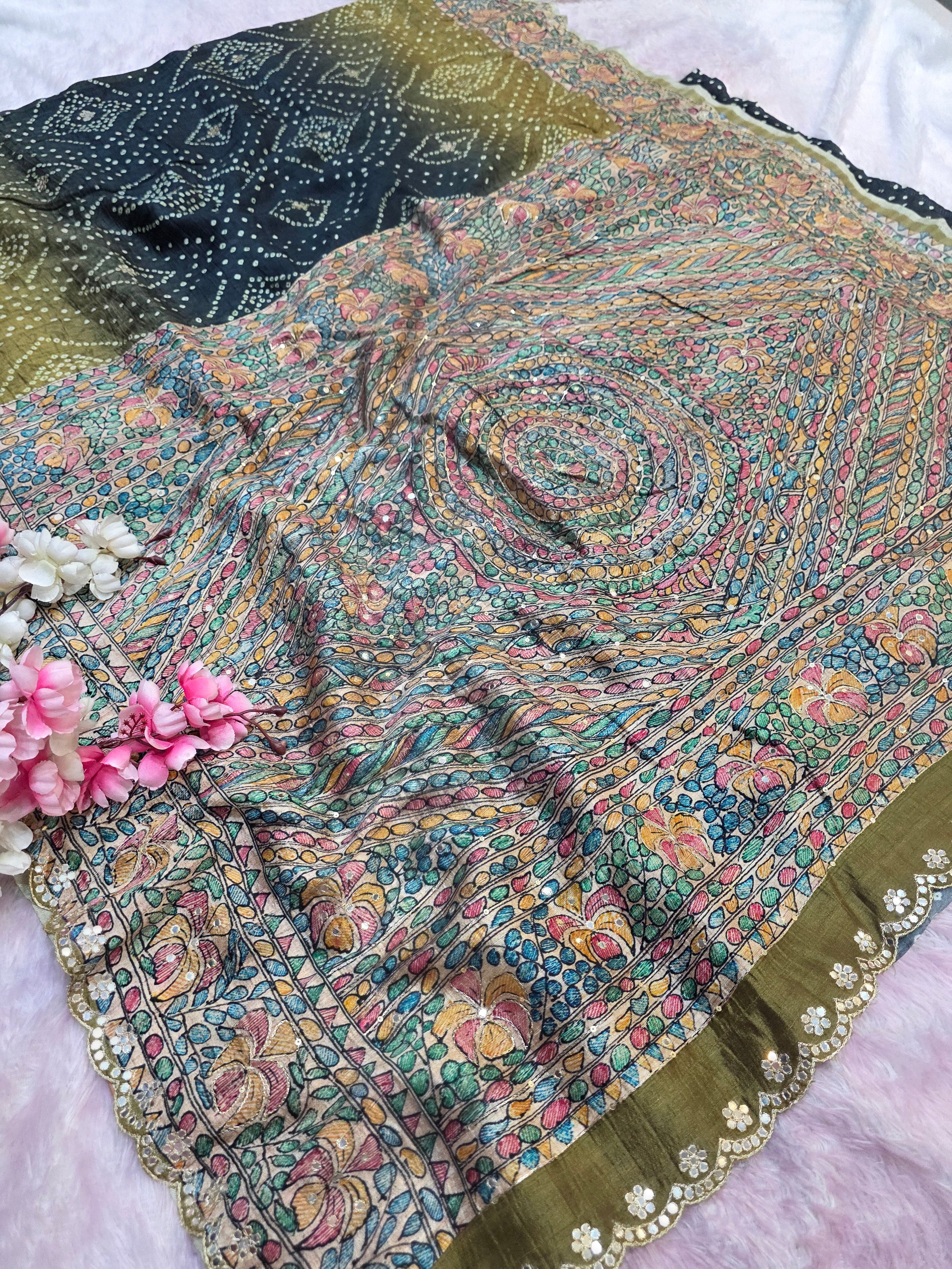 CA0761 Pure Taser Silk Hand Kalamkari and Bandhani Print Saree with Aari-Tari Work - Green