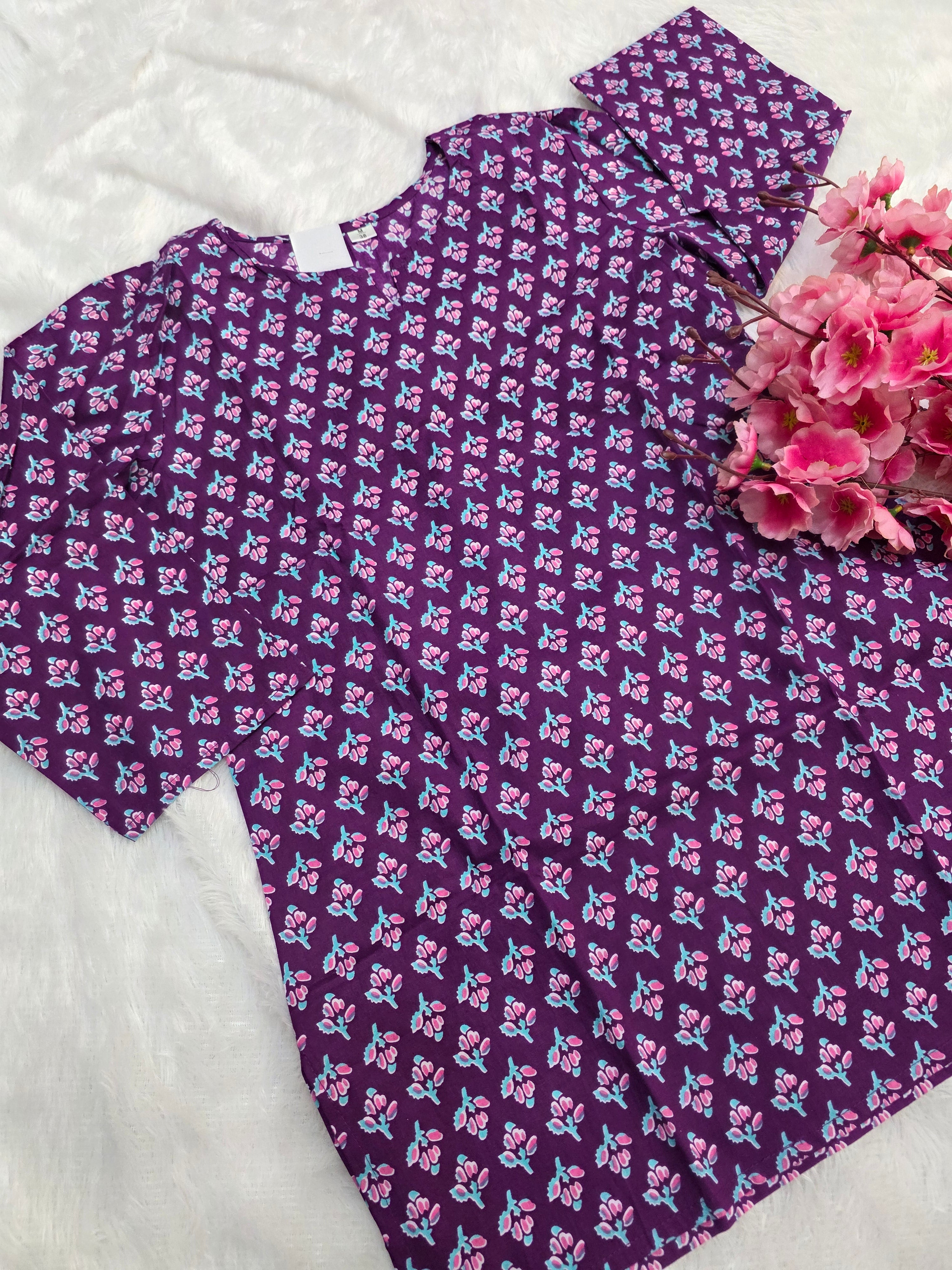 1758 Pure Cotton Hand Block Printed Shot Kurtis (Purple)