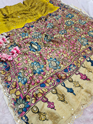 CA1022 Yellow Tusser SIlk Kalamkari Saree