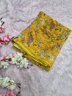CA1449 Pure Rajasthani Diamond Chiffon Saree with Hand Print yellow flower saree