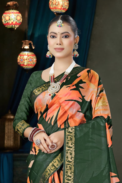 982008 Bollywood Style Soft Crepe Silk Flower Print Saree with Zari Weaving Border