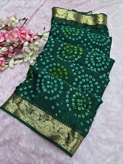 966002 Traditional Hand Bandhani Chinon Silk Soft Saree - Green