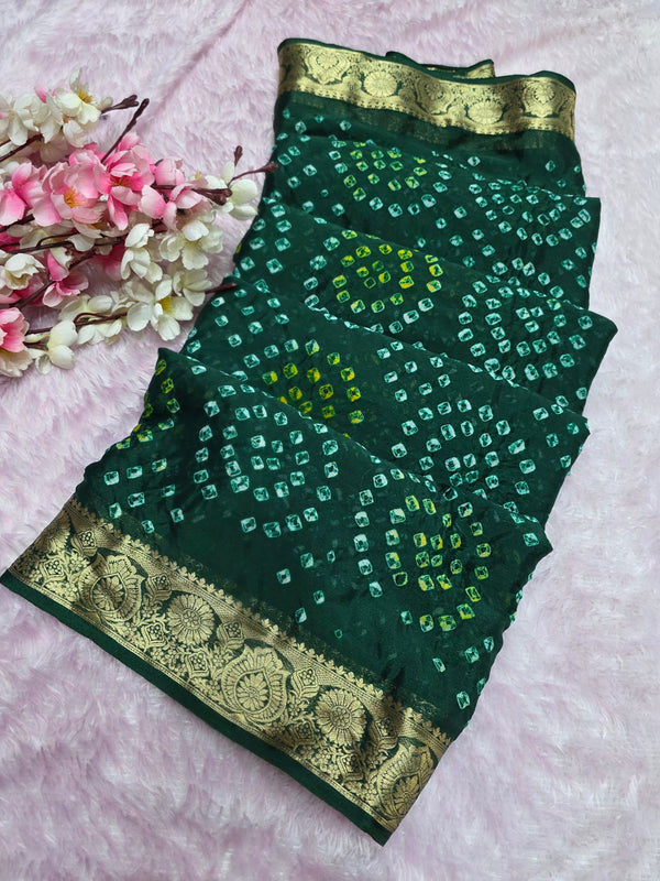 966002 Traditional Hand Bandhani Chinon Silk Soft Saree - Green