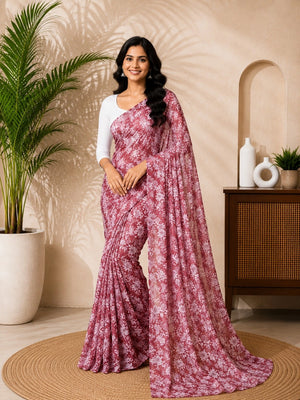 CA1462 Lightweight Elegant Semi Chiffon Flower Print Saree - Light Maroon