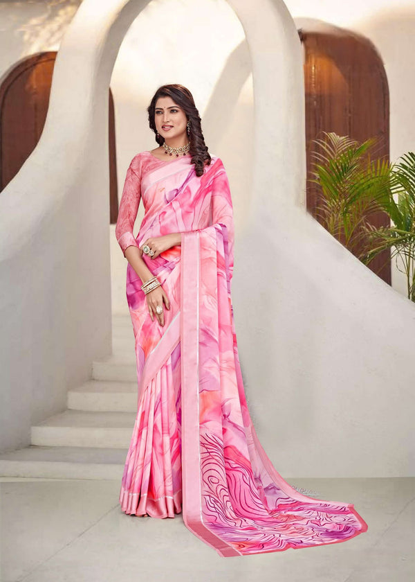 920003 Designer Flower Printed Georgette Saree with Satin Border - Pink
