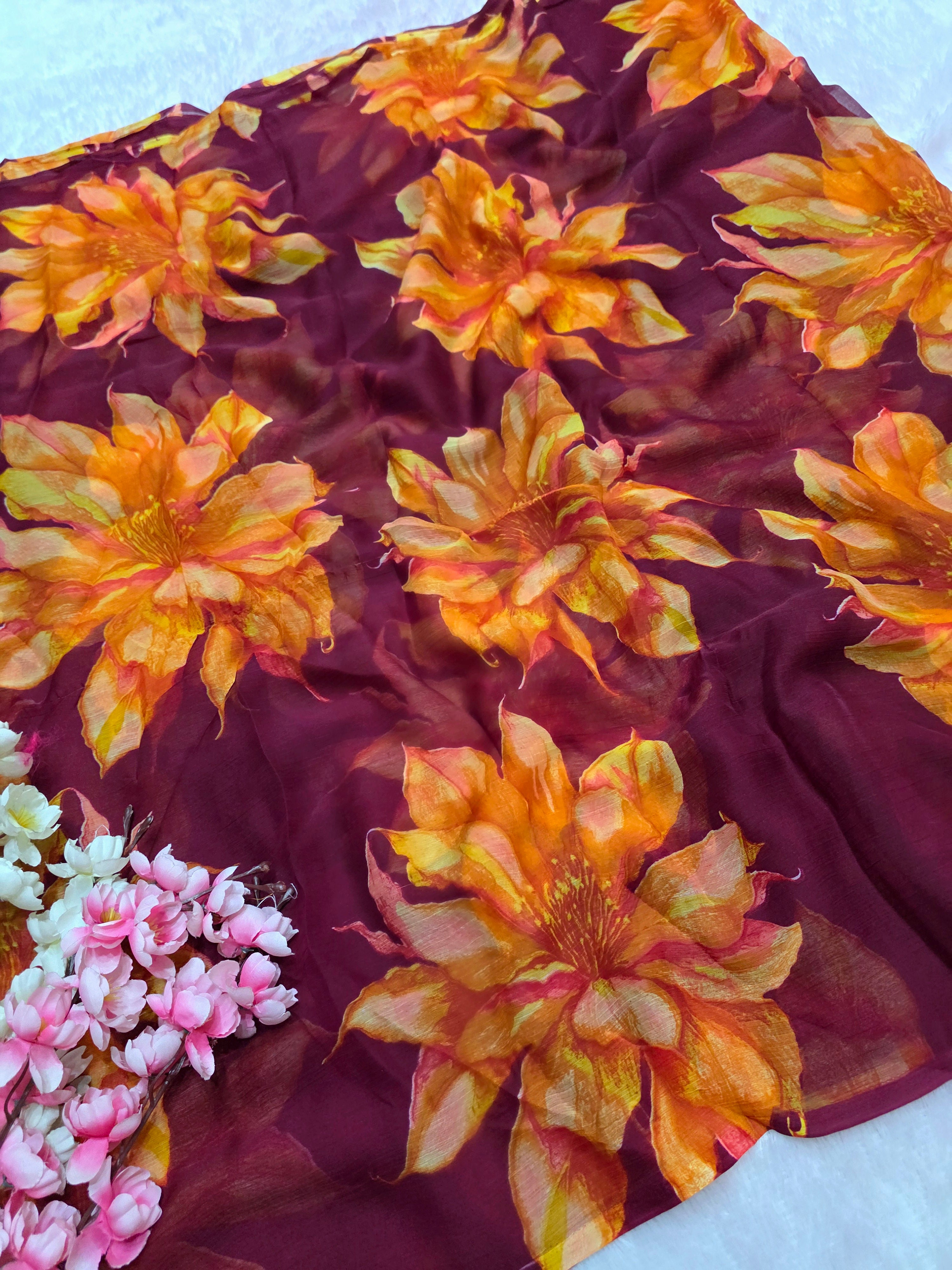 905001 Lightweight Elegant Semi Chiffon Flower Print Saree - Wine