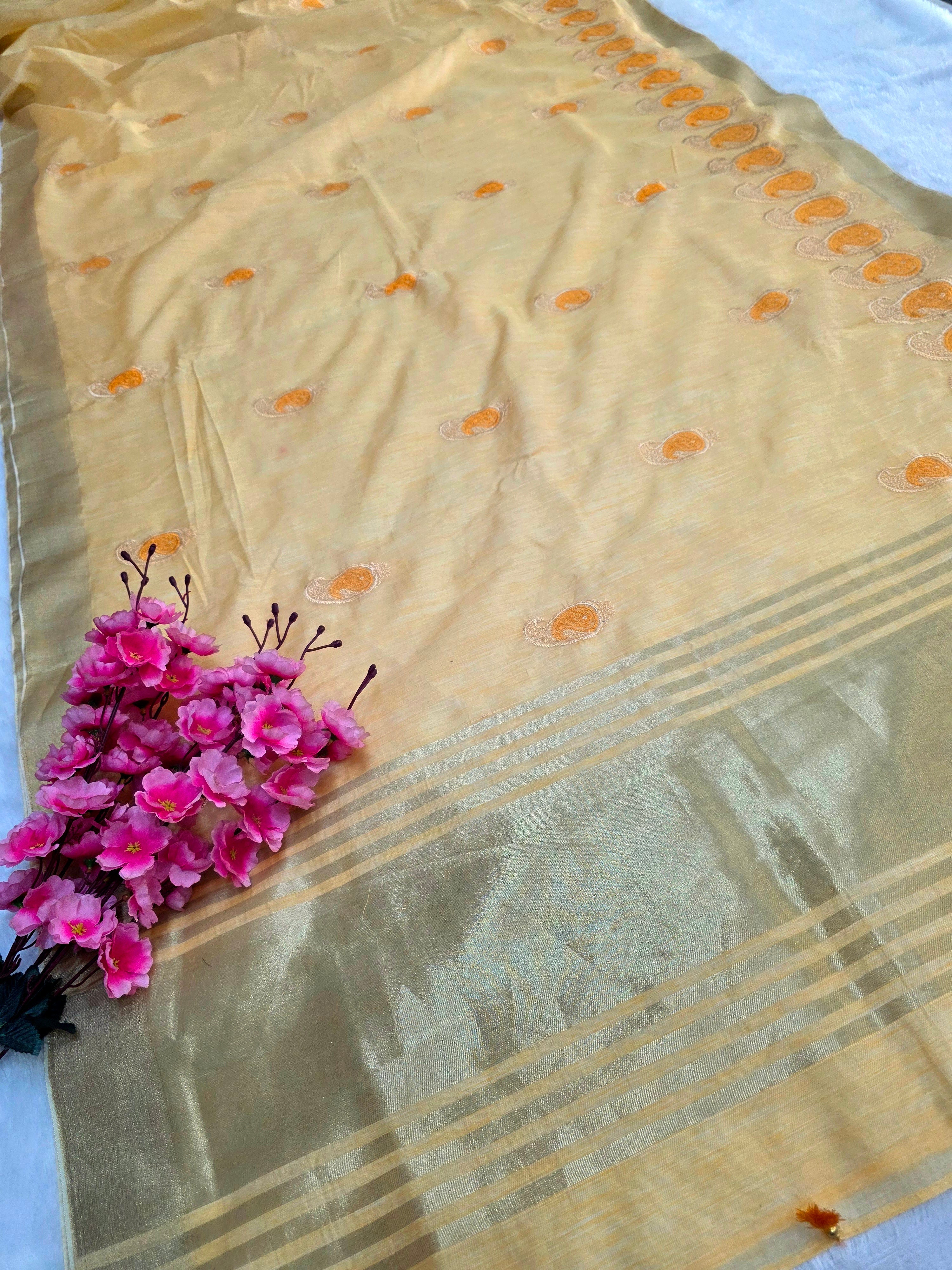 783016 Pure Linen Resham Suta Embroidery Work Saree with Zari Weaving (292007) - Yellow
