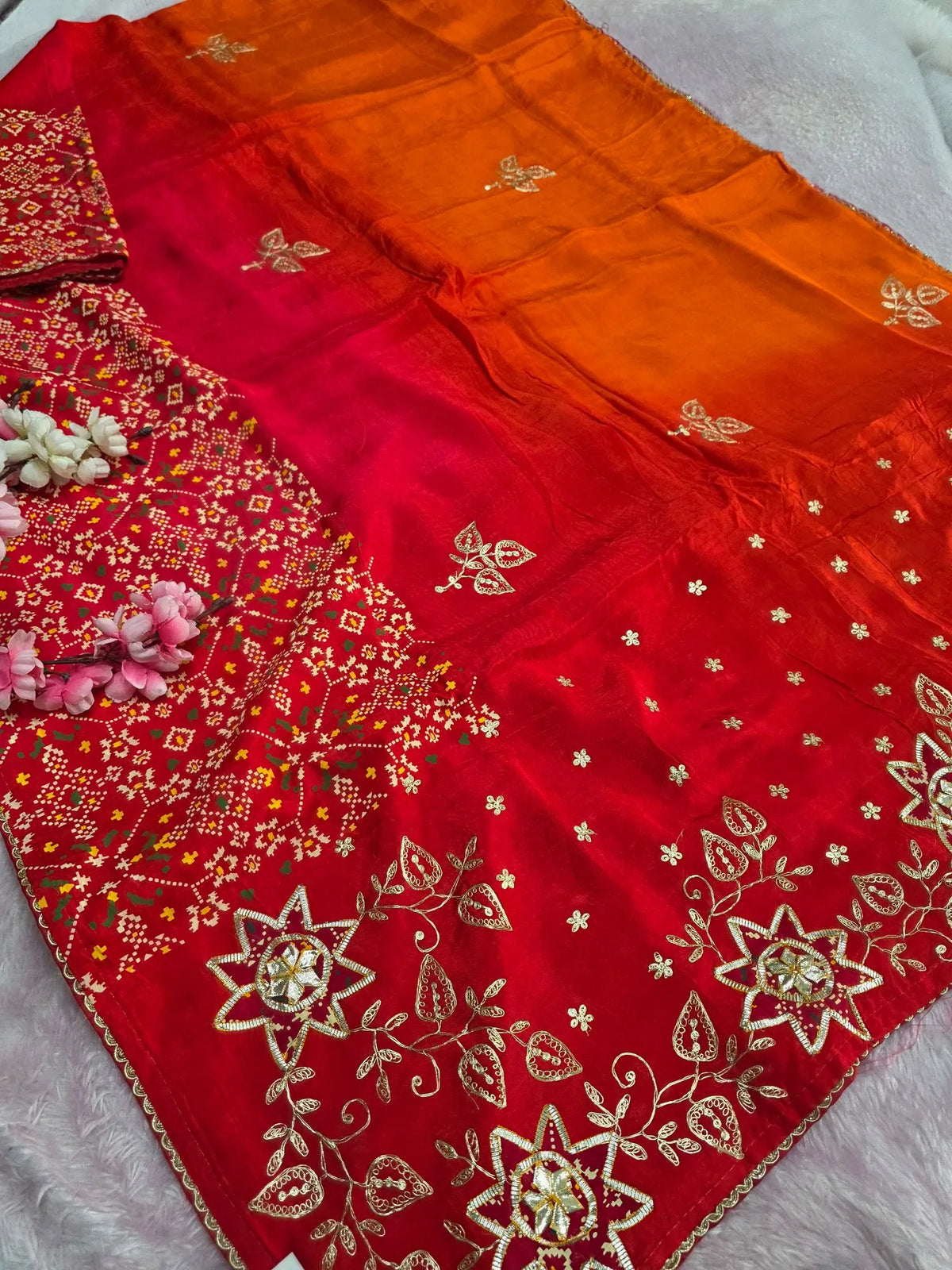 3080 Pure H.O. Silk Shaded Saree with Patola and Hand Pittan and Gota work Saree - Orange