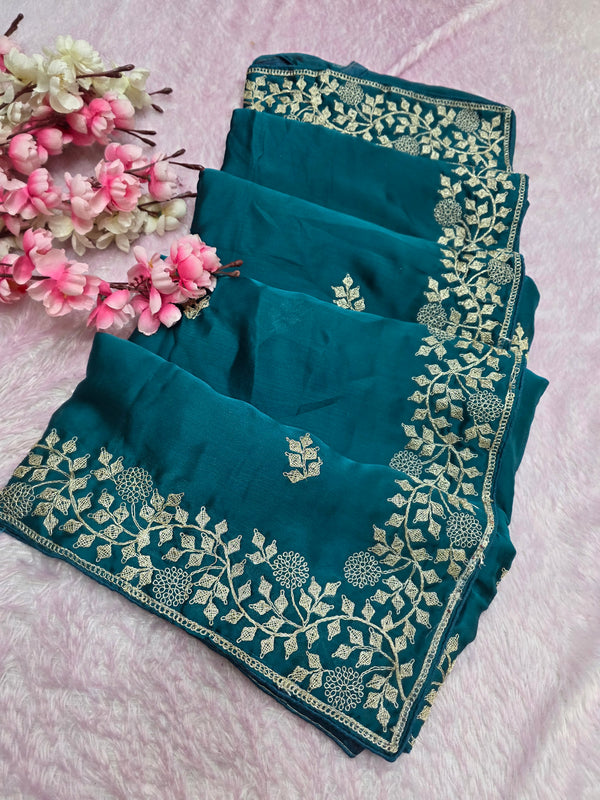 969004 Designer Party Wear Art Silk Fancy Saree with Pita Work - Teal Blue