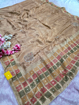 CA0740 Pure Dola Silk Bandhani Border And Handwork Saree - Beige