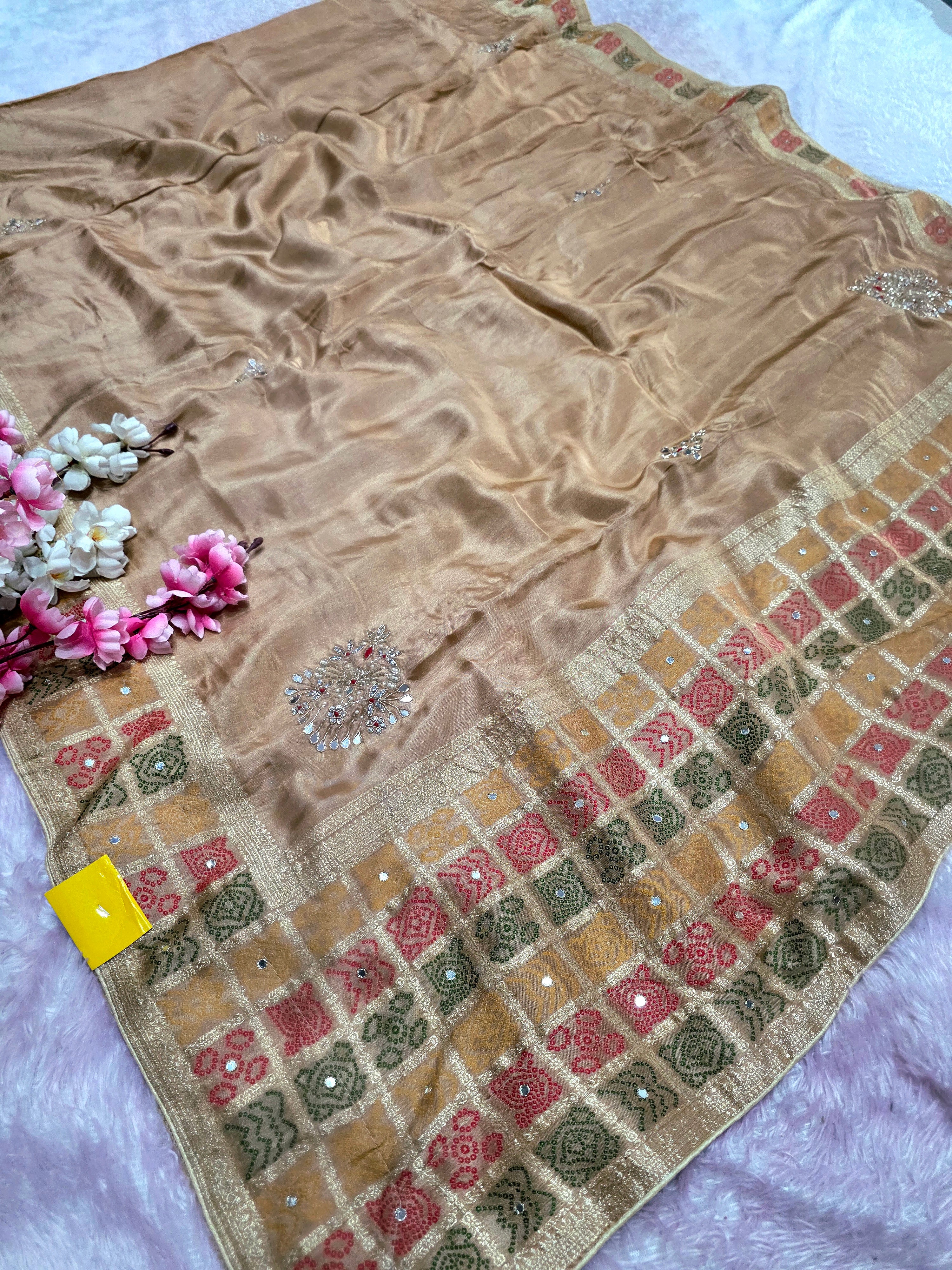 CA0740 Pure Dola Silk Bandhani Border And Handwork Saree - Beige