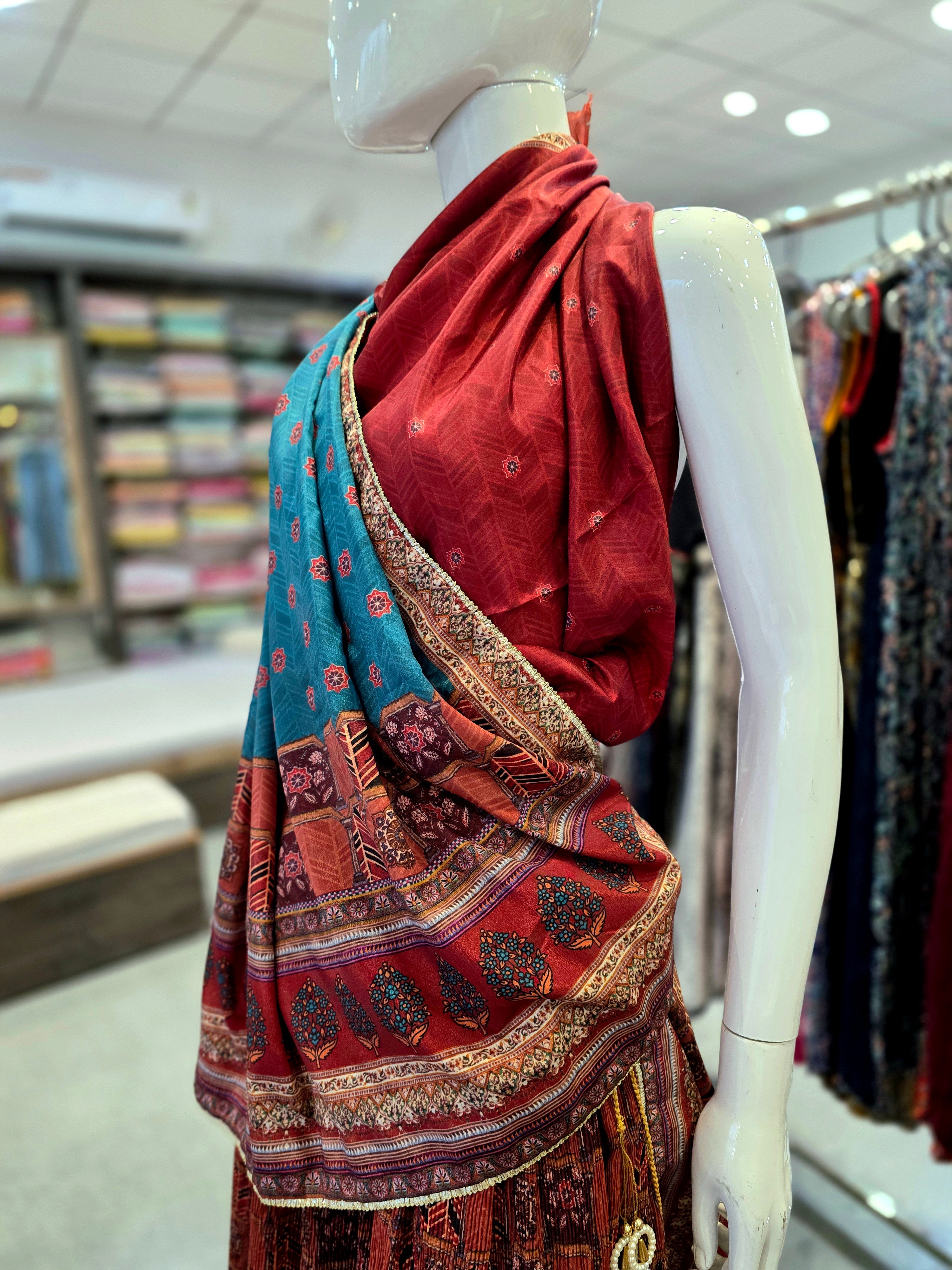 414005 Ajrakh Printed Silk Crush Lehanga Set